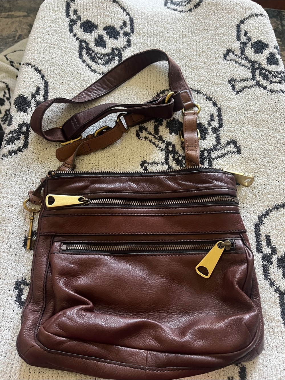 Vintage Fossil Explorer Brown Leather Crossbody Bag Tri-Zip ZB5255